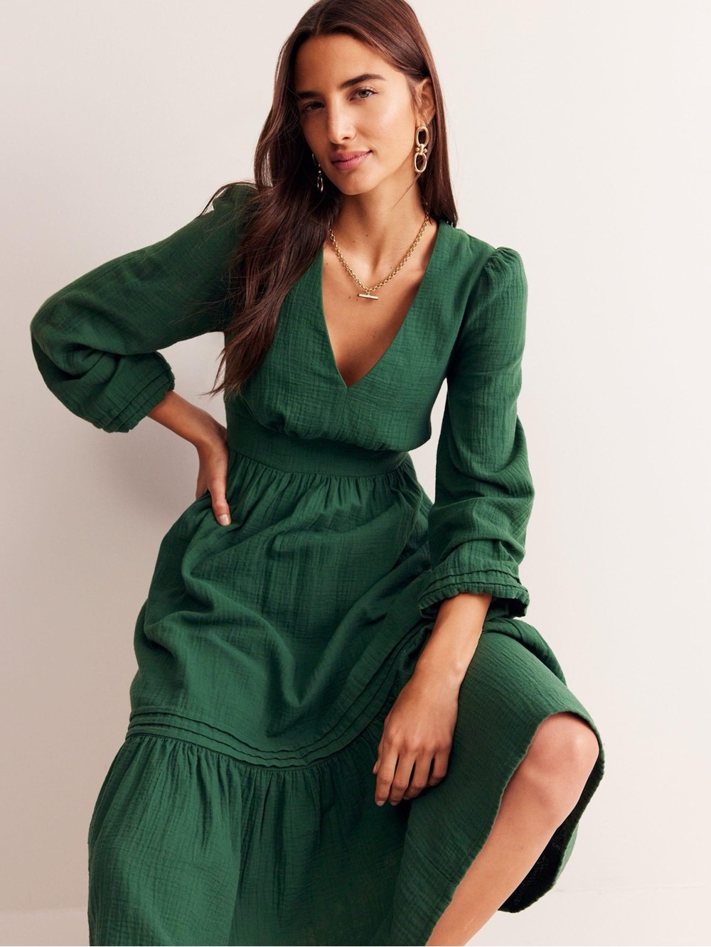 Boden Eve Green V-Neck Long Sleeve Double Cloth Maxi Dress